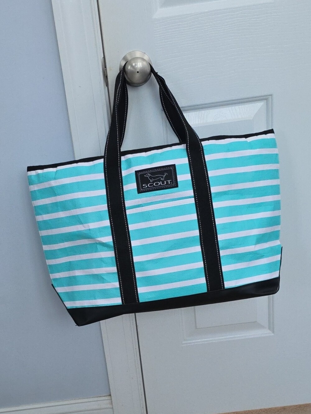 Scout Turquoise & White Striped Tote with Black Trim